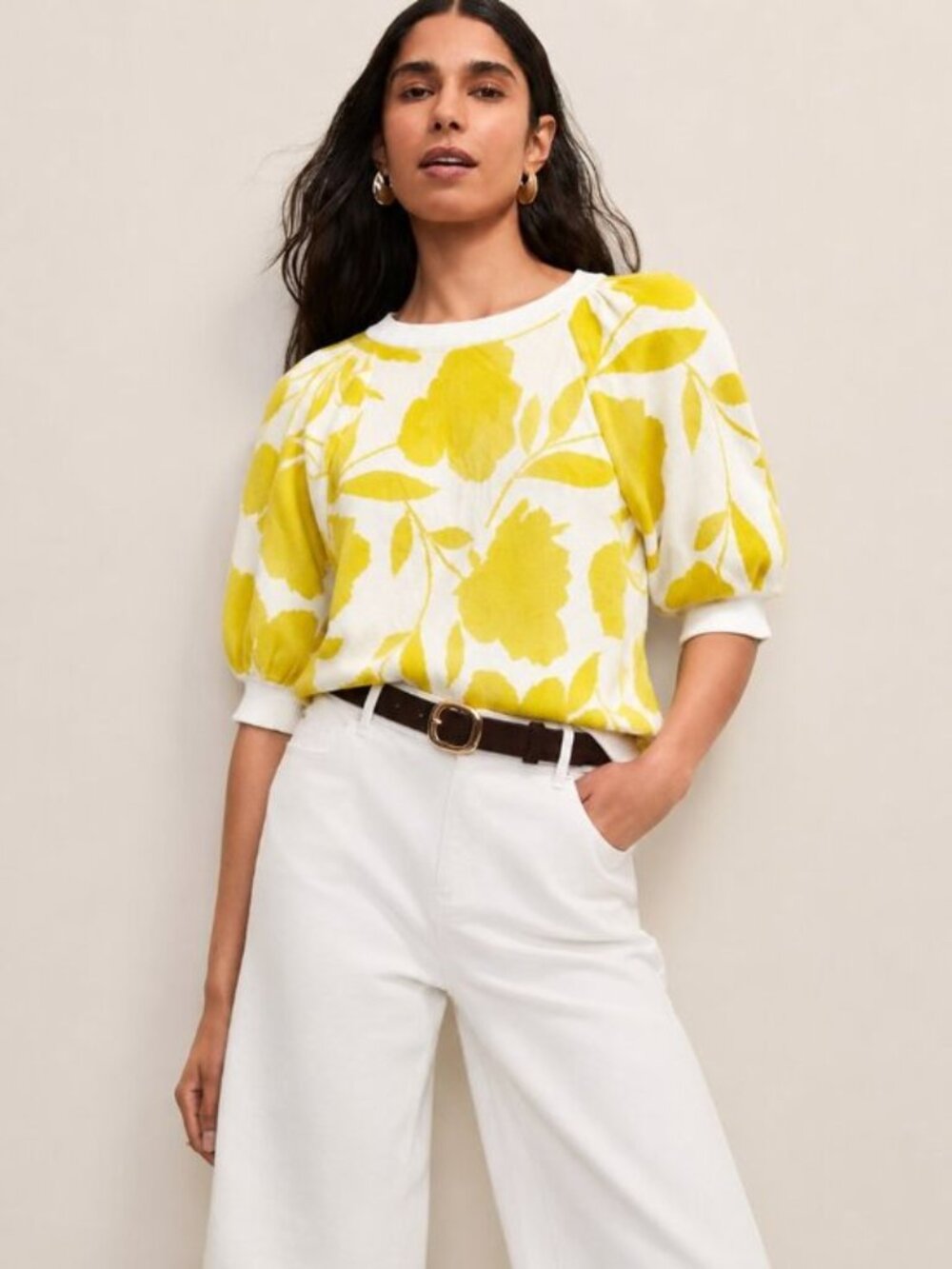 Ann Taylor Yellow Floral Jacquard Puff Sleeve Sweater Sample NWOT